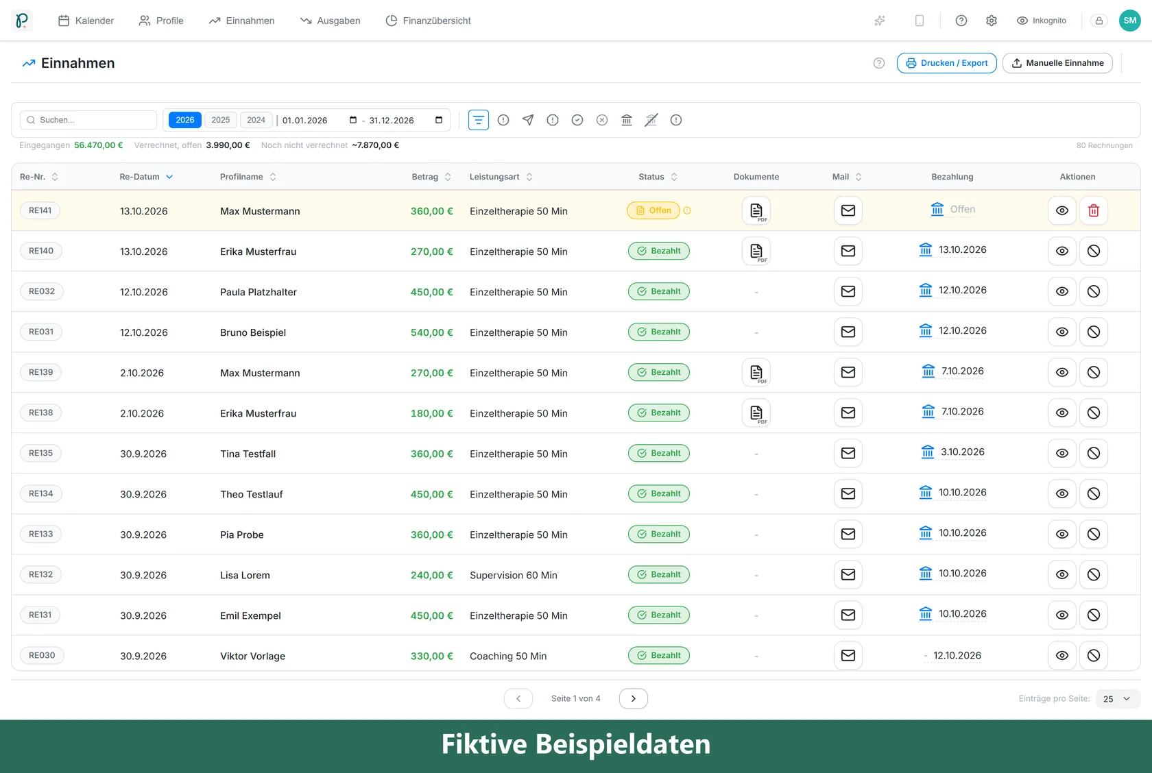Praxido 0.84.1: Einnahmen-Liste mit offenen und bezahlten Rechnungen (Beispielansicht mit erfundenen Daten)