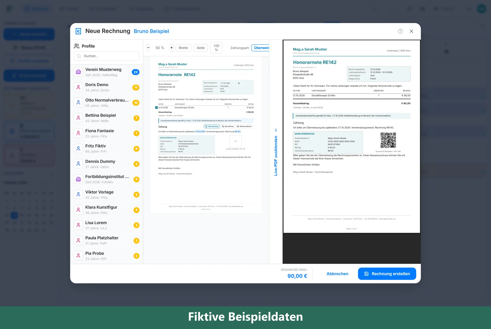 Praxido 0.84.1: neue Honorarnote im Praxido-Vorlagenstil, links bearbeiten, rechts die Vorschau mit QR-Code für die Überweisung (Beispielansicht mit erfundenen Daten)