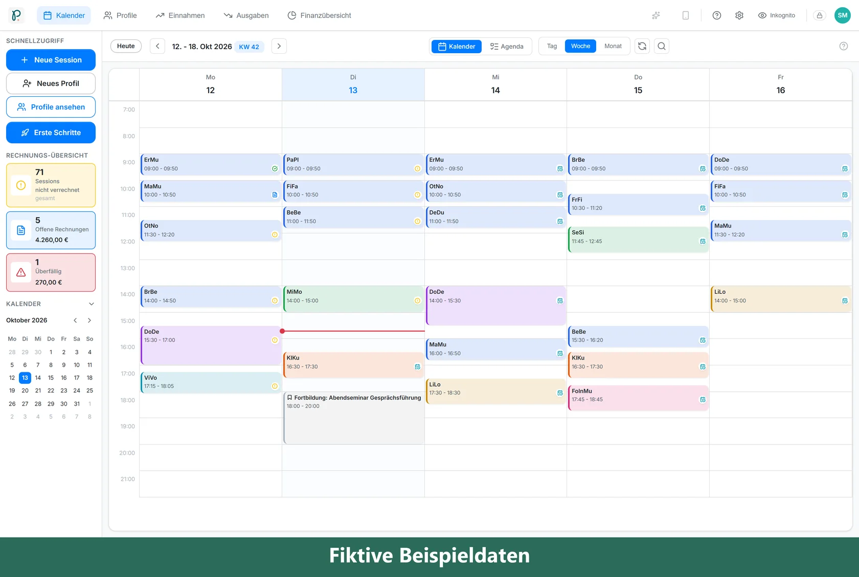 Praxido 0.84.1, Kalender: Arbeitswoche mit Terminen und einer Fortbildung am Abend (Beispielansicht mit erfundenen Daten)