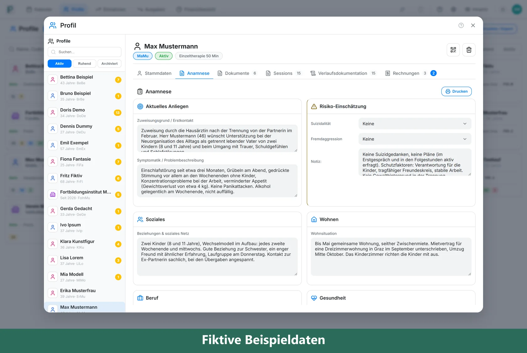 Praxido 0.84.1: Profil einer Person mit ausgefüllter Anamnese (Beispielansicht mit erfundenen Daten)