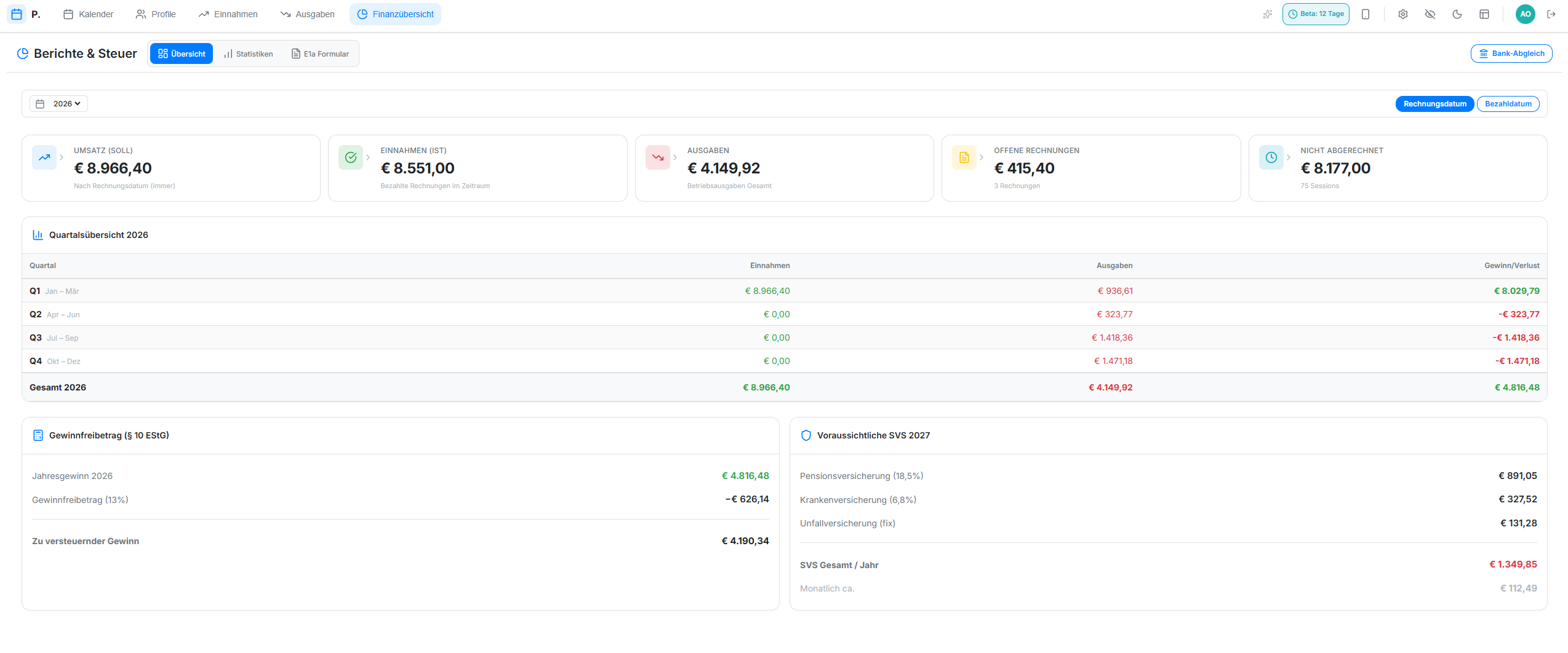Praxido Finanzübersicht mit Einnahmen, Ausgaben und Steuer-Export