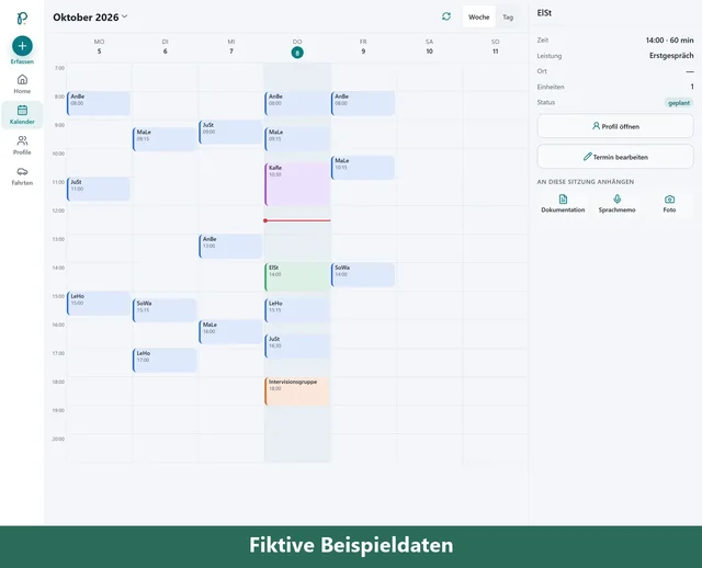 Praxido-App am iPad: Wochenkalender mit geöffnetem Termin (Beispielansicht mit erfundenen Daten)