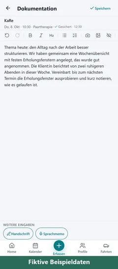 Praxido-App am iPhone: Dokumentation einer Sitzung (Beispielansicht mit erfundenen Daten)