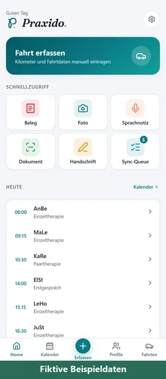 Praxido-App am iPhone: Startseite mit den Terminen des Tages (Beispielansicht mit erfundenen Daten)